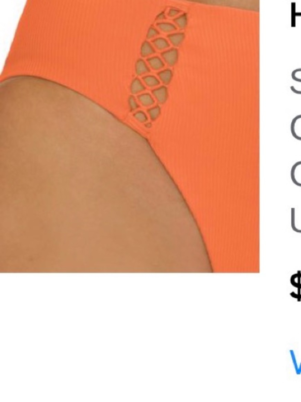 BECCA Coral Orange Ribbed High-Waist Bikini Bottom with Lattice Side